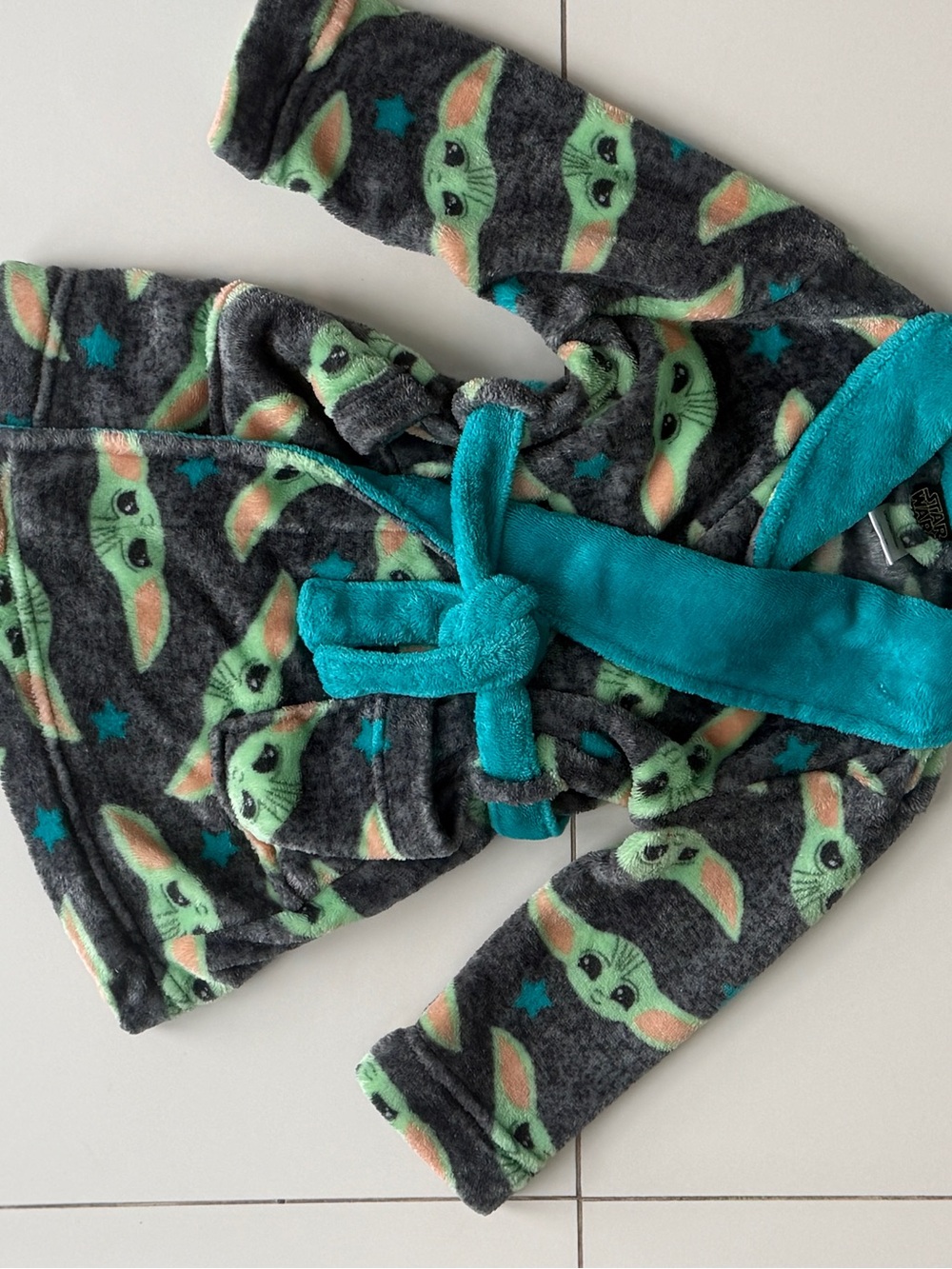 Star Wars Kids Plush Robe in Charcoal with Teal Trim and Green Character Print
